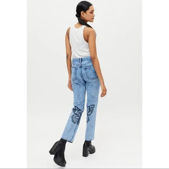 🍒[ X-Girl ] Butterfly Print Acid Wash Straight Leg Jeans - Picture 3 of 15